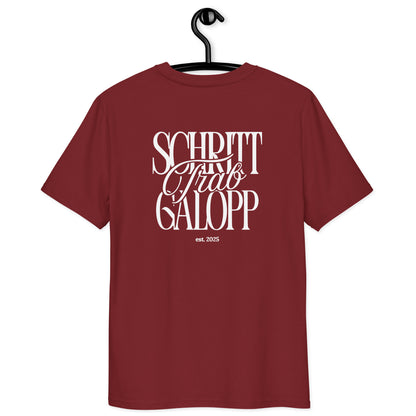 Unisex T-Shirt für Pferdefans,  moderner Print "Schritt, Trab, Galopp" auf dem Rücken T.-Shirt Farbe Burgundy