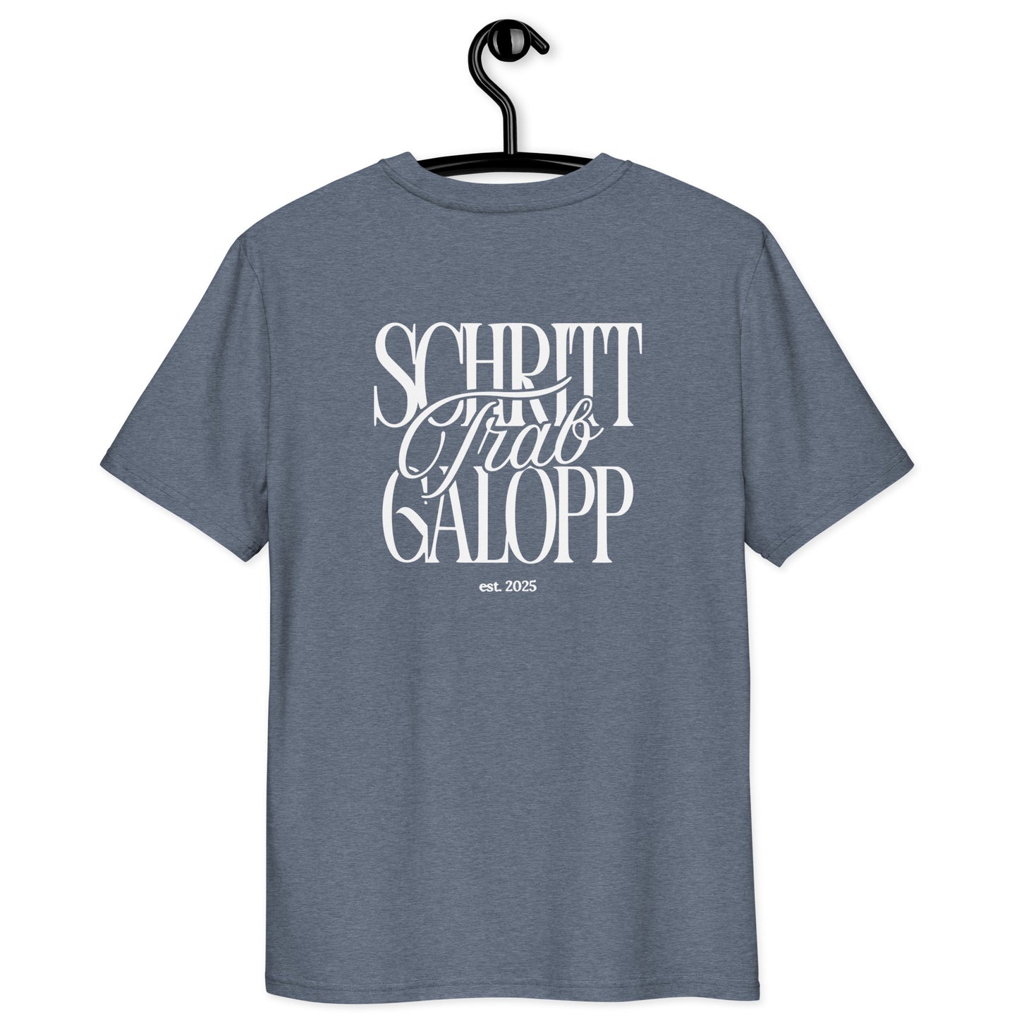 Unisex T-Shirt für Pferdefans,  moderner Print "Schritt, Trab, Galopp" auf dem Rücken T.-Shirt Farbe blau