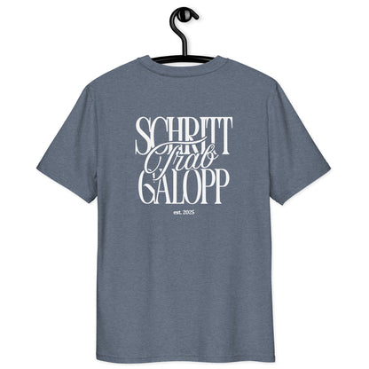 Unisex T-Shirt für Pferdefans,  moderner Print "Schritt, Trab, Galopp" auf dem Rücken T.-Shirt Farbe blau