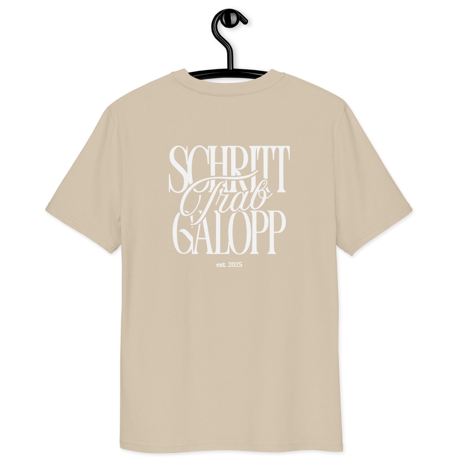 Unisex T-Shirt für Pferdefans,  moderner Print "Schritt, Trab, Galopp" auf dem Rücken T.-Shirt Farbe beige