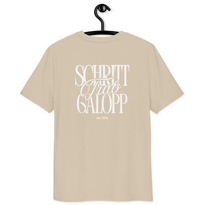 Unisex T-Shirt für Pferdefans,  moderner Print "Schritt, Trab, Galopp" auf dem Rücken T.-Shirt Farbe beige