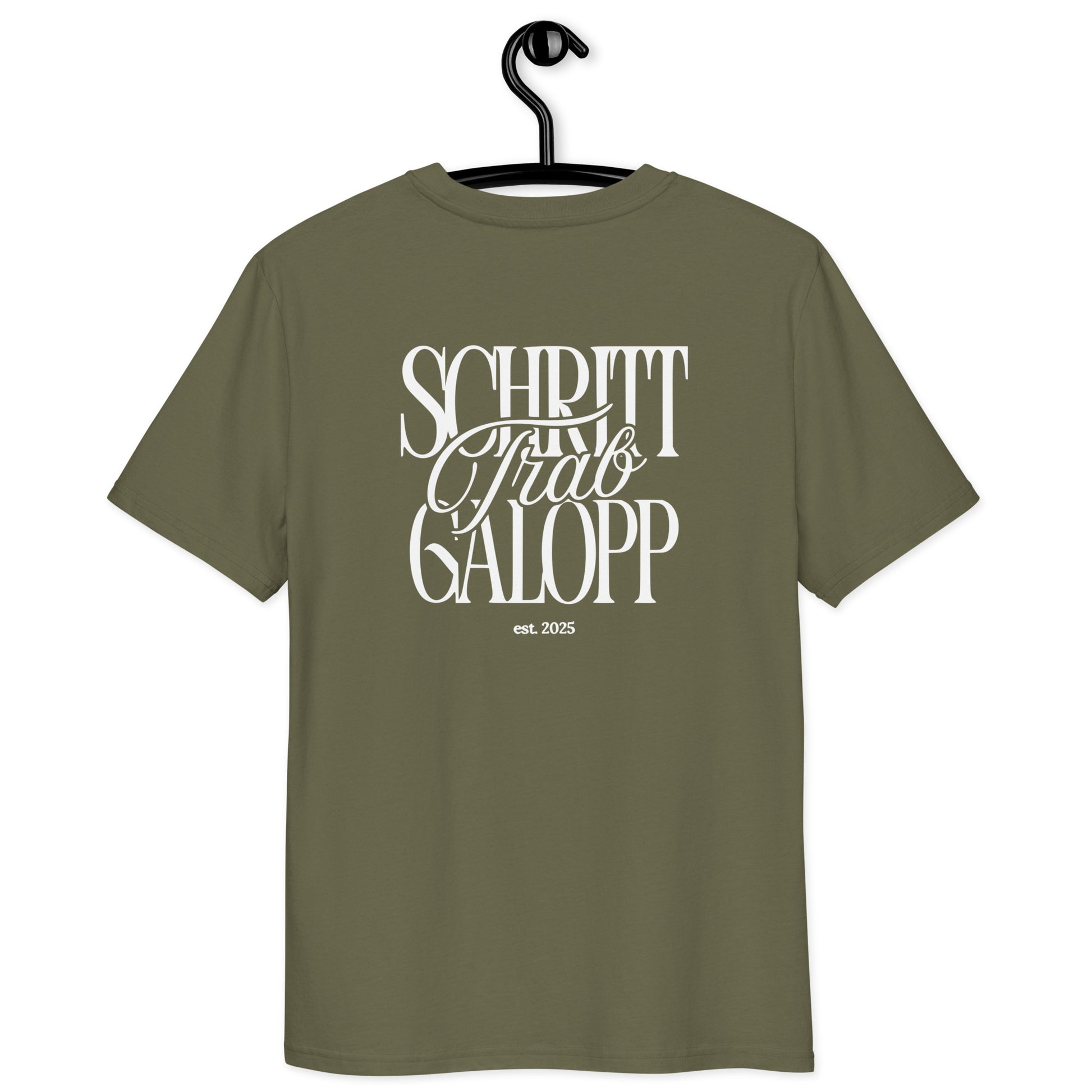 Unisex T-Shirt für Pferdefans,  moderner Print "Schritt, Trab, Galopp" auf dem Rücken T.-Shirt Farbe Khaki