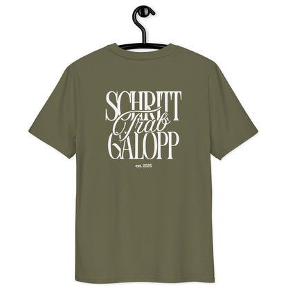 Unisex T-Shirt für Pferdefans,  moderner Print "Schritt, Trab, Galopp" auf dem Rücken T.-Shirt Farbe Khaki