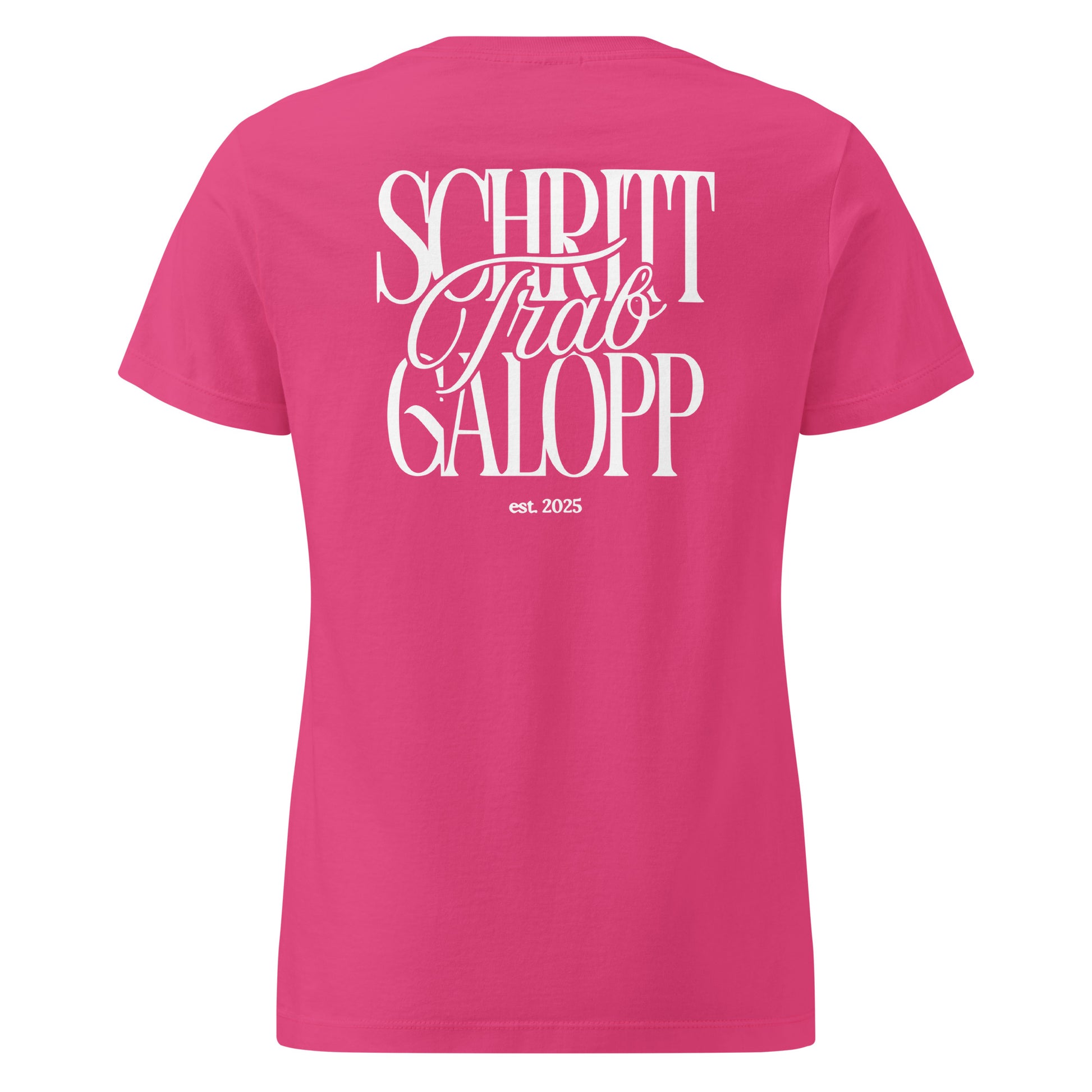 Figurbetontes Pferdeshirt Motiv "Schritt, Trab, Galopp" auf dem Rücken. T-Shirt für Damen, farbe pink