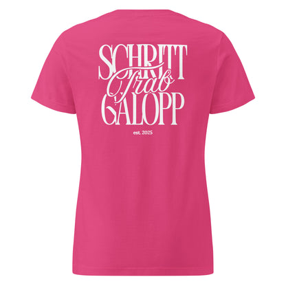 Figurbetontes Pferdeshirt Motiv "Schritt, Trab, Galopp" auf dem Rücken. T-Shirt für Damen, farbe pink
