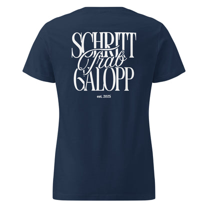 Figurbetontes Pferdeshirt Motiv "Schritt, Trab, Galopp" auf dem Rücken. T-Shirt für Damen, farbe Navy Blau