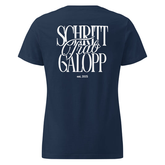 Figurbetontes Pferdeshirt Motiv "Schritt, Trab, Galopp" auf dem Rücken. T-Shirt für Damen, farbe Navy Blau