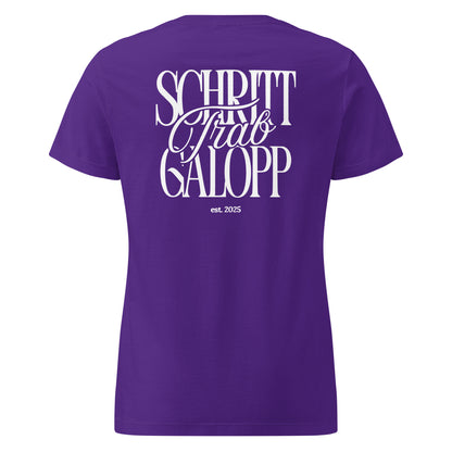 Figurbetontes Pferdeshirt Motiv "Schritt, Trab, Galopp" auf dem Rücken. T-Shirt für Damen, farbe lila