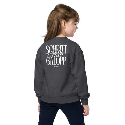 Sweatshirt für junge Reiter-/innen, Teenie Größen. Pferdemotiv "Schritt, Trab, Galopp" auf dem Rücken, cooler und moderner Print.